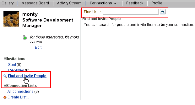 Find and Invite People link and the Find User field