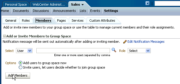 Group space Members tab