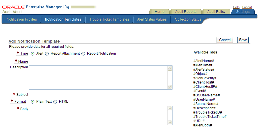 Add Notification Template page