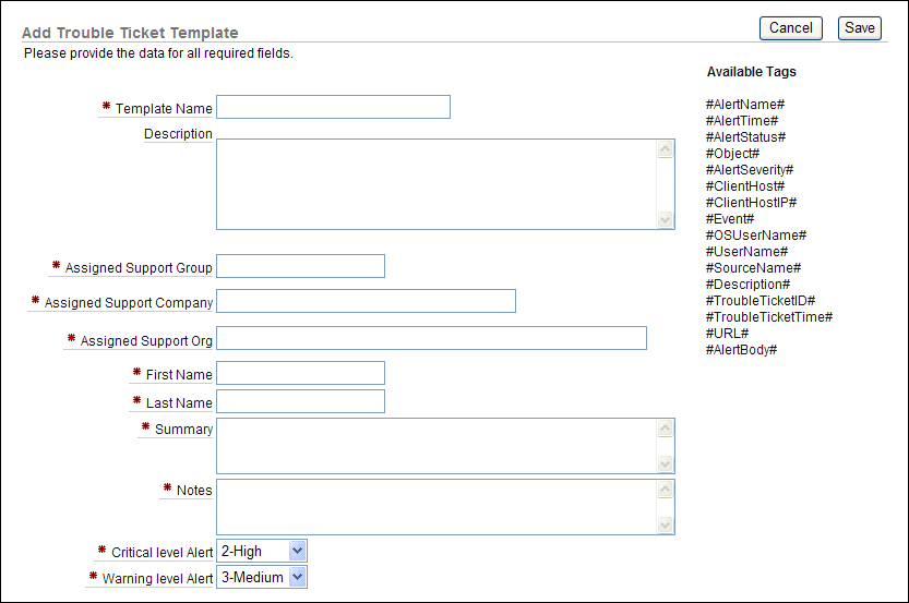 Add Trouble Ticket Template page