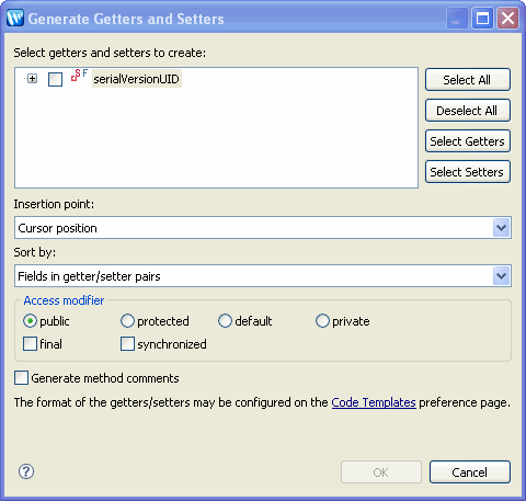 Generate Getter and Setter Methods