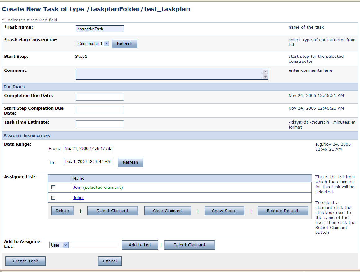 Creating a Task Instance and Assigning Claimant Interactively
