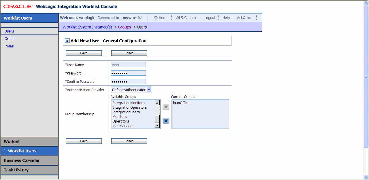 Add New User- General Configuration