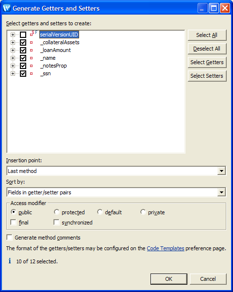 Generate Getters and Setters Dialog Box