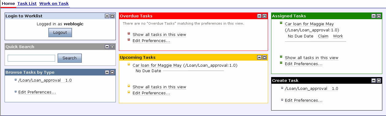 View Task Home Page for User weblogic 