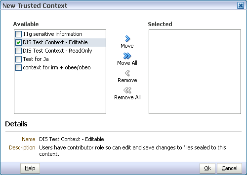 New Trusted Context dialog