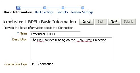 BPEL Connection Basic Information page