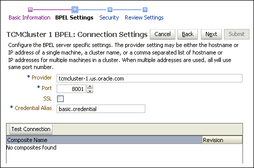 BPEL Connection BPEL Settings page