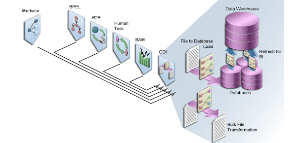 Illustration showing Oracle Data Integrator. It is described in the text for the page.