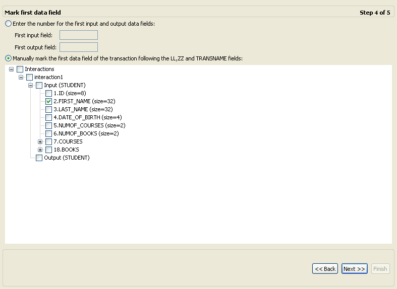 This screen shows the Mark First Data field step