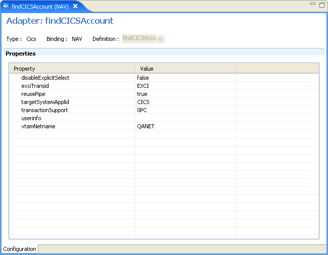 The CICS adapter properties tab.