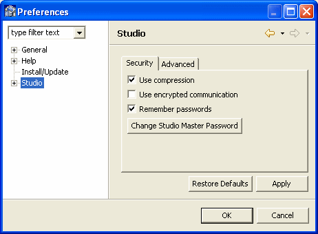 The Preferences window, used to change password access.