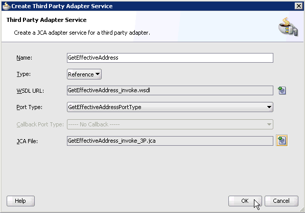 Create Third Party Adapter Service dialog box