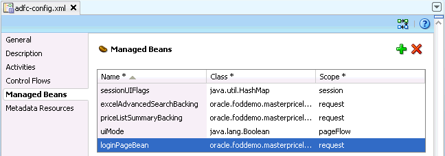 Configuration editor shows login bean