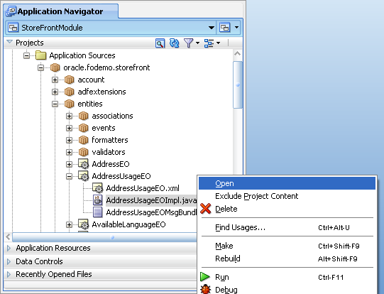 Image shows context menu in Application Navigator