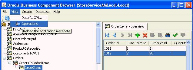Image of Business Component Browser View menu.