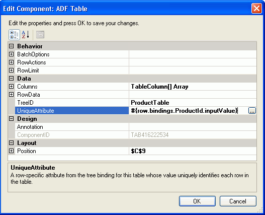 Table Component Property Inspector