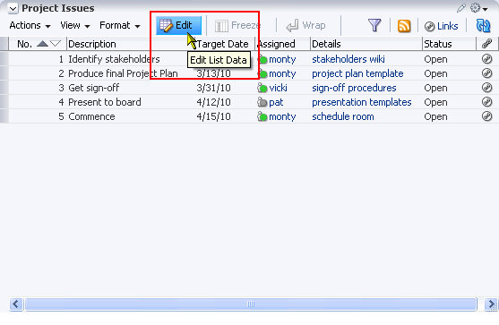 Edit List Data icon on a list