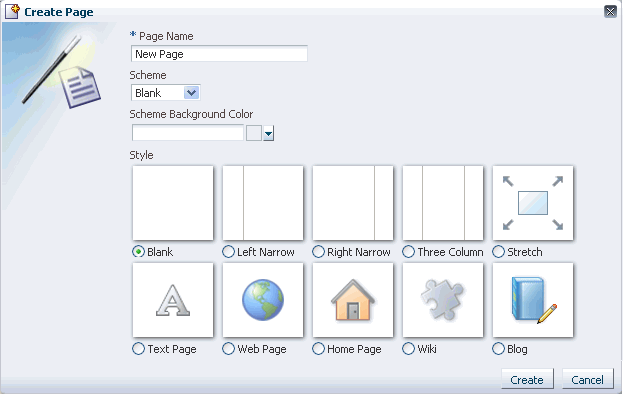 Page style selection in the Create Page dialog