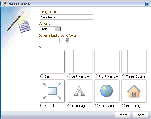 Create Page dialog