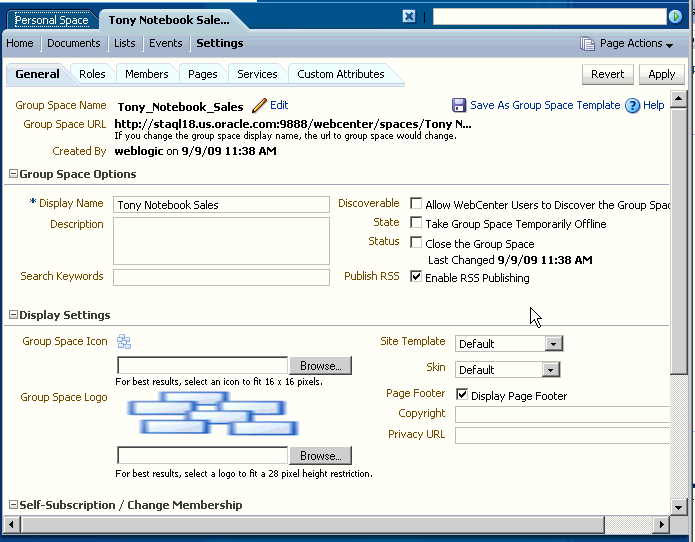 Group space Settings page