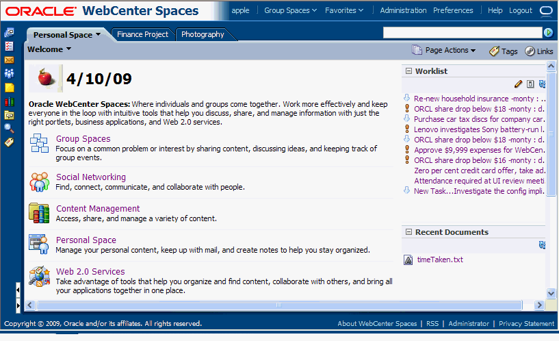 WebCenter Spaces user interface