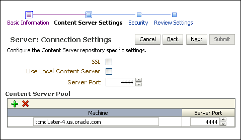 Connection Content Server Settings page
