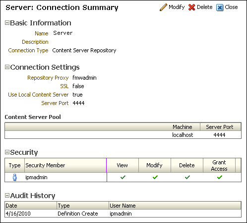 Repository Connection Summary Page