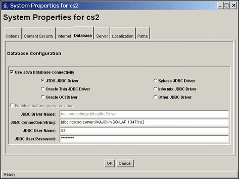 Surrounding text describes System Properties Database tab.
