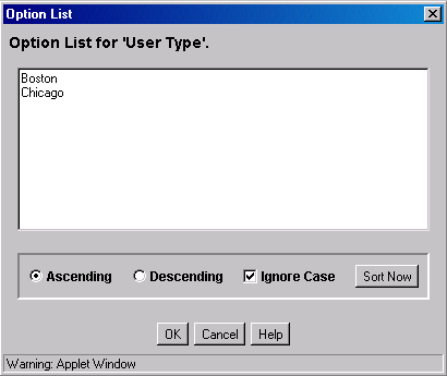 Option List for UserType screen