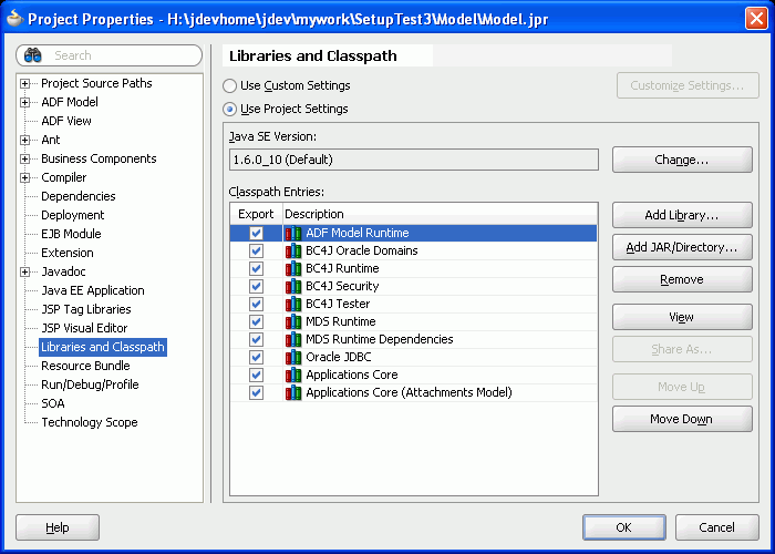 Project Properties - Libraries and Classpath dialog.