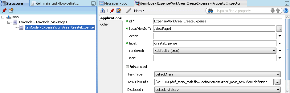 Task flow property inspector editing