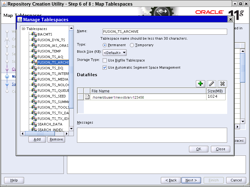 Manage Tablespaces. Described in surrounding text.