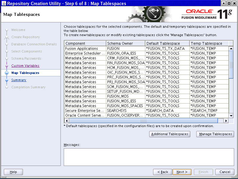 Tablespaces Screen. Described in surrounding text.