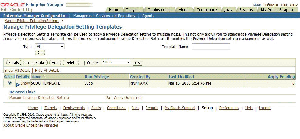 Manage Privilege Delegation Settings Template Window