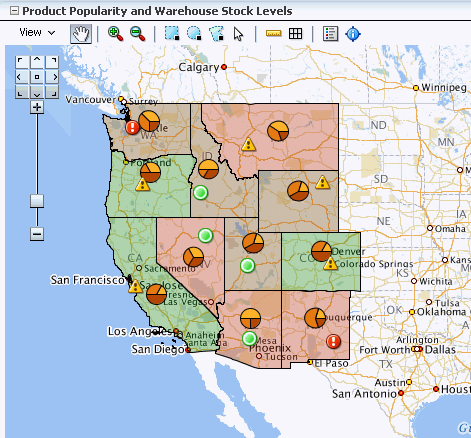 Geographic map with color, pie graph, and point themes