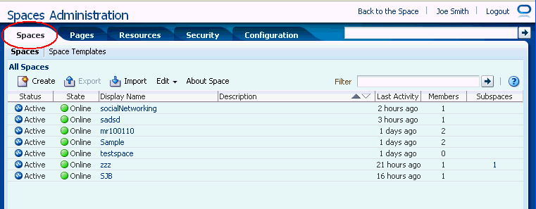WebCenter Administration - Spaces Tab