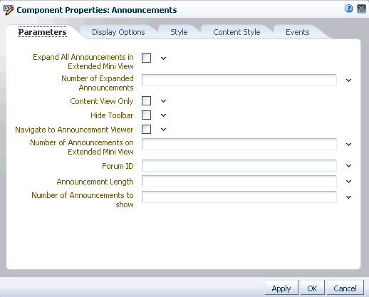 Announcement Task Flow Component Properties parameters