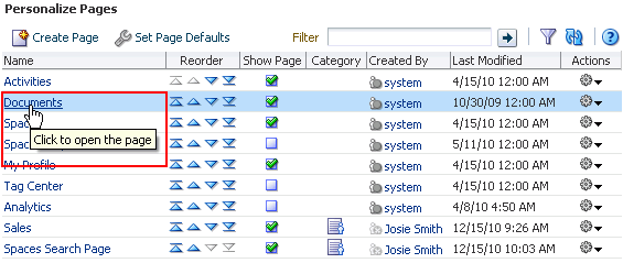 Opening a page through Personalize Pages