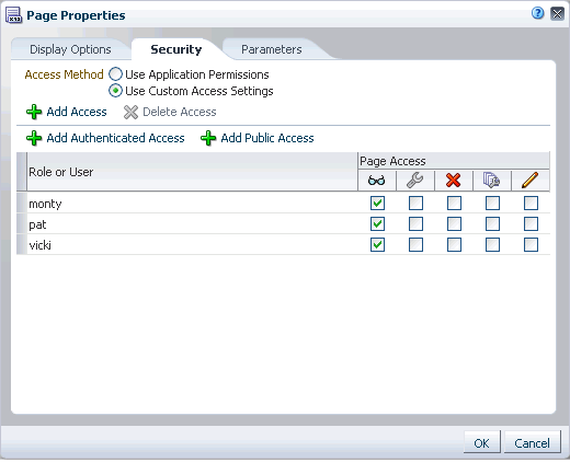 Populated Security tab in Page Properties dialog