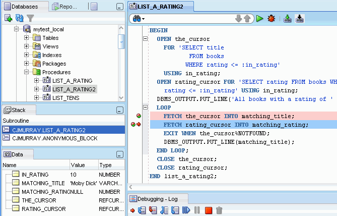Interface for debugging a PL/SQL subprogram