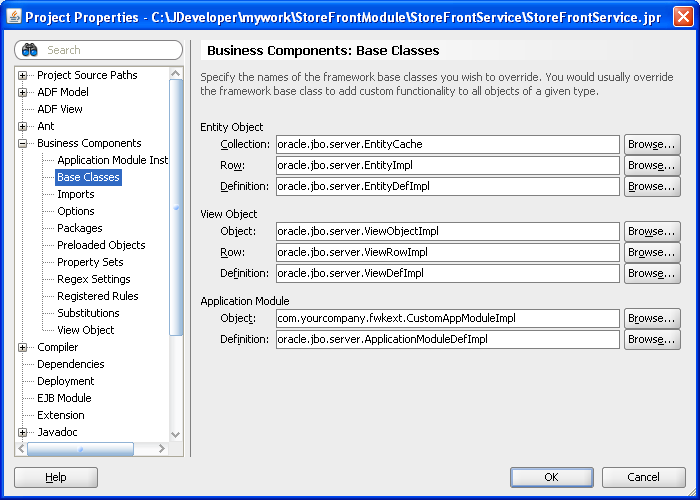 Business Components Base Classes dialog