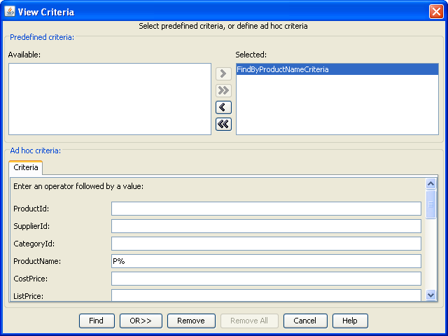 View Criteria dialog in ADF Model Tester