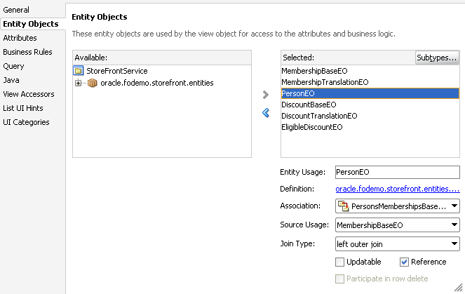 Outer join set on entity-based view object