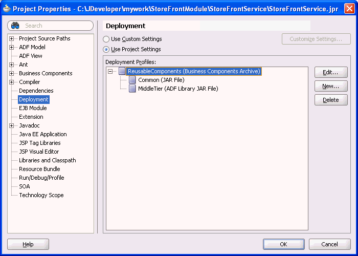 Deployment profile in Project Properties dialog