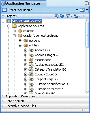 Image shows how Application Navigator sorts entity objects