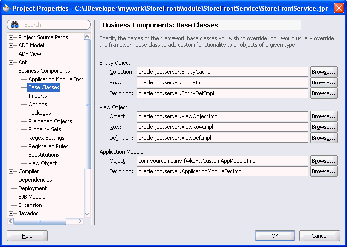 Business Components Base Classes dialog