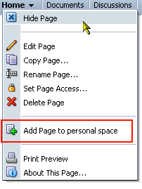 Page tab menu on a group space page