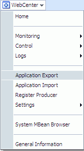 WebCenter menu - Application Export option