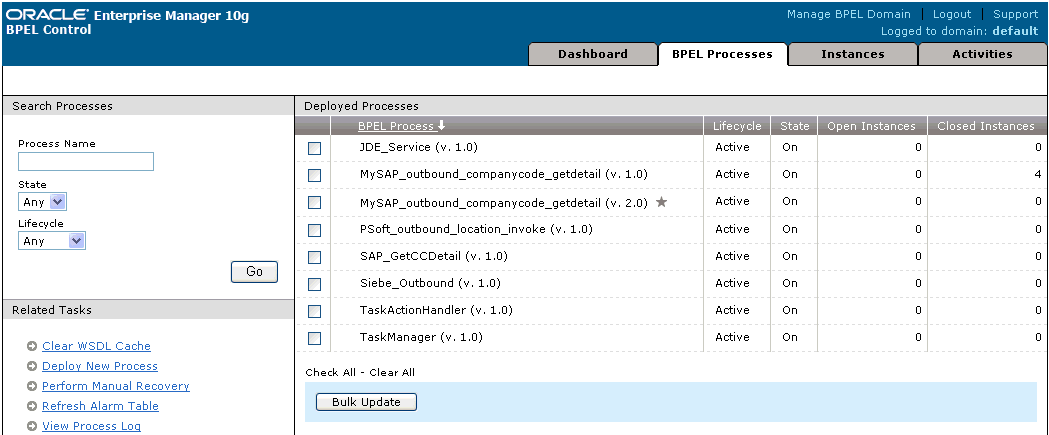 BPEL Consoleの「BPELプロセス」タブ BPEL Consoleの「BPELプロセス」タブ